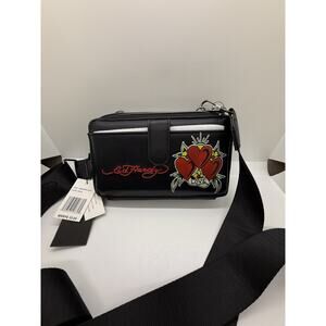 Ed Hardy Womans Zip Around Wallet Wristlet Triple Hearts Multi Compartment NEW!